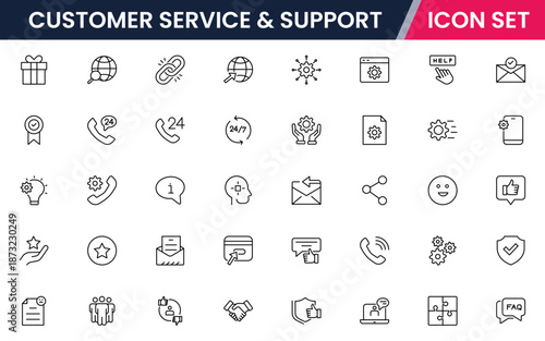 Customer service icons depicting support, assistance, communication, call centers, help desks, satisfaction, feedback, solutions, responsiveness.