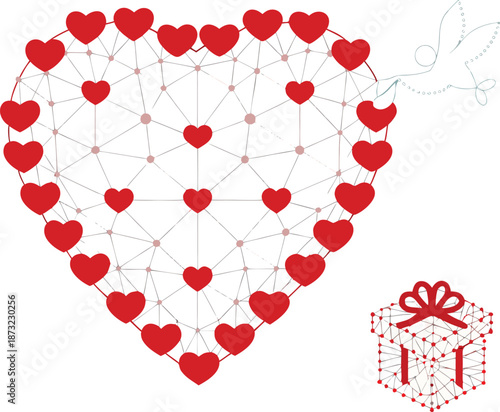 Eternal Love's Blueprint: A symbol of love with connected hearts with a lovely dove carrying a message and a gift of hearts, evoking tender sentiment and representing the strength of connection.
