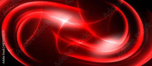 Abstract red energy flows, bright center. Dynamic curves create glowing visual impact. Dark background emphasizes luminosity.