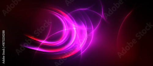 Abstract vibrant light streaks. Dynamic curves radiate from dark background. Intense magenta, crimson hues create dramatic effect.