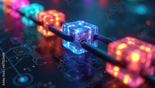 Digital chain represents power of blockchain tech for business models, innovation. Glowing connections symbolize information transfer. Visual cyberspace, transistor components, semiconductors,
