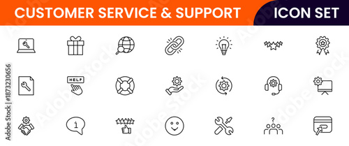 Customer service icons depicting support, assistance, communication, call centers, help desks, satisfaction, feedback, solutions, responsiveness.