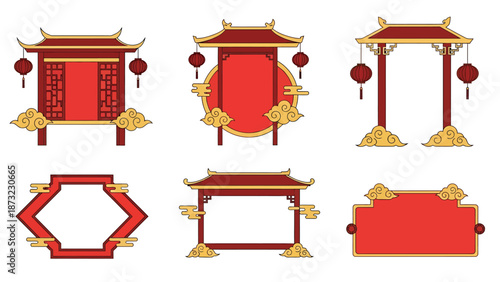 Traditional Asian architectural elements and ornate frames for festive greetings and cultural designs