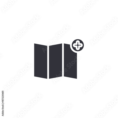 Folded map with plus symbol icon representing adding destinations, custom locations, or new travel waypoints.