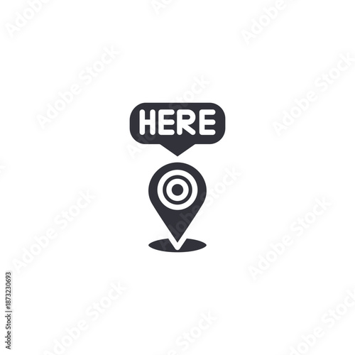 Location pin with “Here” label icon symbolizing current position, exact location, and real-time GPS positioning.