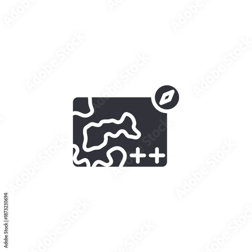 Map interface icon with routes and plus symbol representing travel planning, route creation, and navigation management.