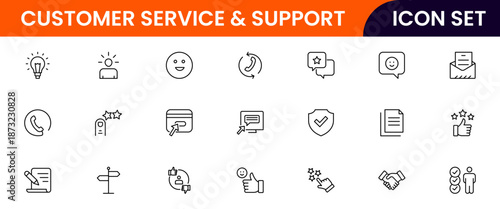 Customer service icons depicting support, assistance, communication, call centers, help desks, satisfaction, feedback, solutions, responsiveness.