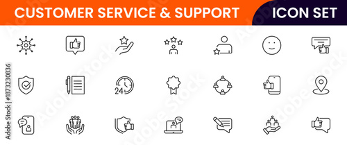 Customer service icons depicting support, assistance, communication, call centers, help desks, satisfaction, feedback, solutions, responsiveness.