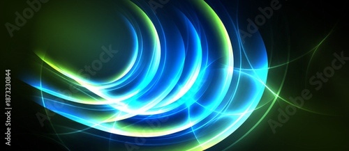 Abstract luminous curves, vibrant blues, greens dominate dark background. Energy flows, creating dynamic visual experience.