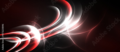 Abstract design features flowing red, white lines against dark background. Dynamic curves create energy, visual impact.