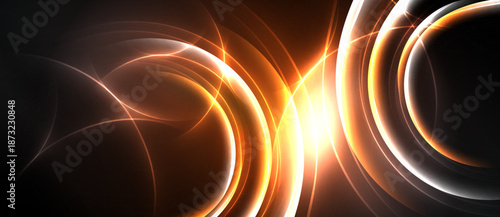 Abstract energy flows, bright orange glows, dark background. Circular shapes intersect, creating dynamic visual effect. Light radiates outward.