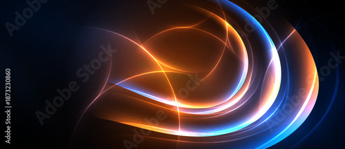 Abstract swirls, vibrant orange, blue hues dominate. Dynamic energy radiates from central point, creating flowing patterns. Dark background enhances luminosity.