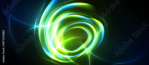 Bright swirling lights form abstract circular pattern. Vivid green, blue hues dominate dark background. Energy radiates outward.