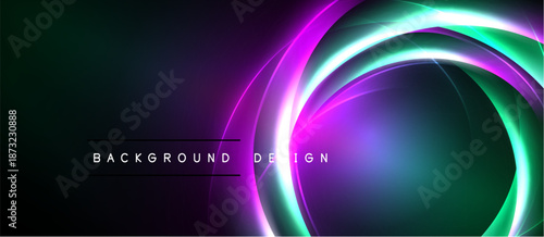 Abstract neon circles over dark gradient. Vibrant purple, green hues create dynamic visual effect. Modern design element.