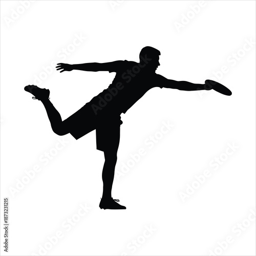 Ultimate frisbee pivot throw silhouette with player rotating on one foot and exaggerated motion in black and white