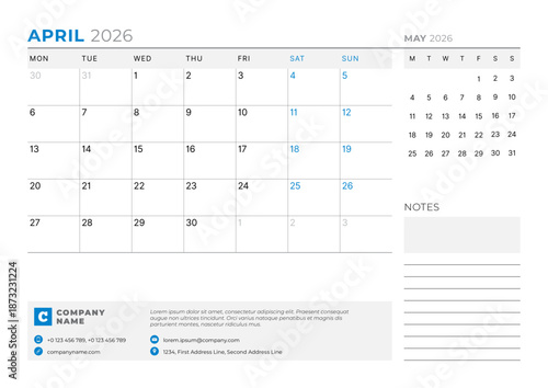 April 2026 Monthly Calendar Template sharpens managerial focus with minimalist blank lines, perfect for offices and efficient scheduling, improves task control and planning, vector illustration