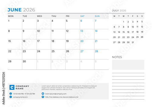 June 2026 Monthly Calendar Template streamlines business tasks with minimalist blank lines, perfect for planning sessions and workflow optimization in office settings, vector illustration