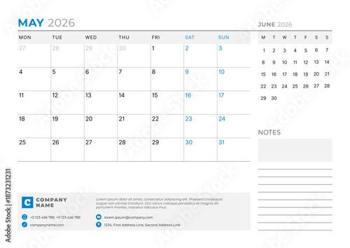 May 2026 Monthly Calendar Template refines executive strategies using minimalist blank lines, perfect for planning goals and focus tracking, great for business use, vector illustration