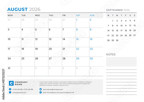 August 2026 Monthly Calendar Template enhances time management with minimalist blank lines, ideal for planning and productivity in business environments, simple and modern, vector illustration