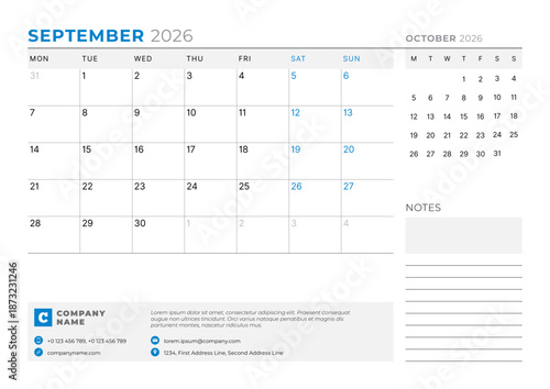 September 2026 Monthly Calendar Template boosts executive control with minimalist blank lines, perfect for workspaces and planning routines, ideal for management use, vector illustration