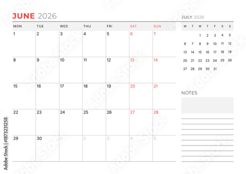 June 2026 Monthly Calendar Template for Planning and Organization simplifies weekly organization with structured lines and clear layout. Week starts on Sunday. vector illustration