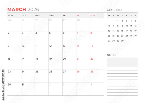 March 2026 Monthly Calendar Template for Planning and Organization streamlines personal and office task scheduling with blank structured fields. Week starts on Sunday. vector illustration