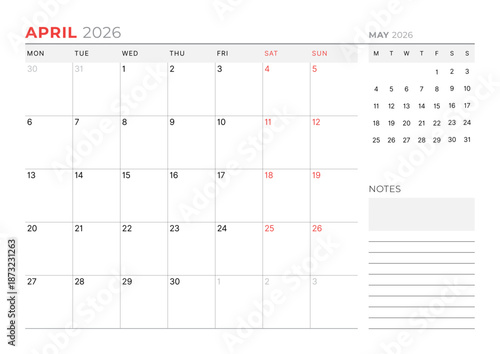 April 2026 Monthly Calendar Template for Planning and Organization helps structure workweek agendas using minimalist grid layout. Week starts on Sunday. Great for daily productivity
