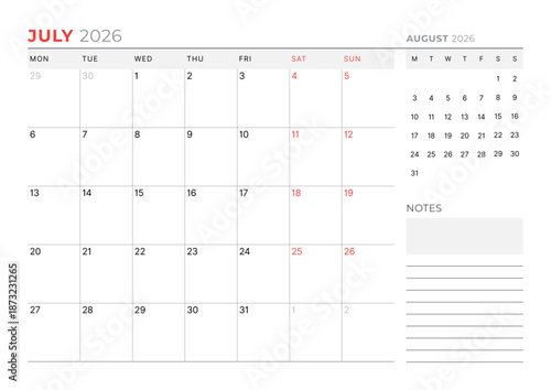 July 2026 Monthly Calendar Template for Planning and Organization provides optimal layout for structured task lists and weekly deadlines. Week starts on Sunday. Ideal for remote work