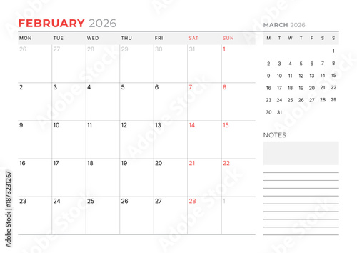 February 2026 Monthly Calendar Template for Planning and Organization improves team workflow and daily task tracking with clear minimalist layout. Week starts on Sunday. vector illustration