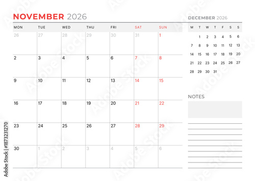November 2026 Monthly Calendar Template for Planning and Organization assists in structured planning and goal setting with minimal lines. Week starts on Sunday. Great for professionals