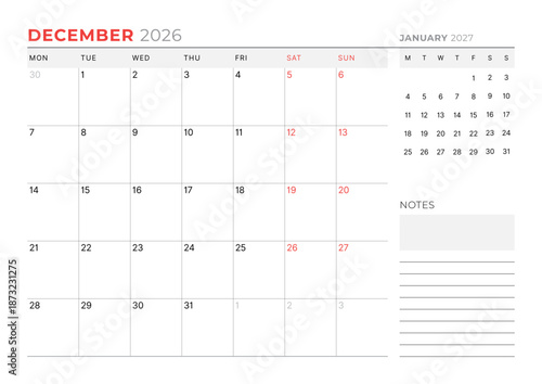 December 2026 Monthly Calendar Template for Planning and Organization ensures clean weekly structure with blank lines for tracking events. Week starts on Sunday. Good for teams and individuals