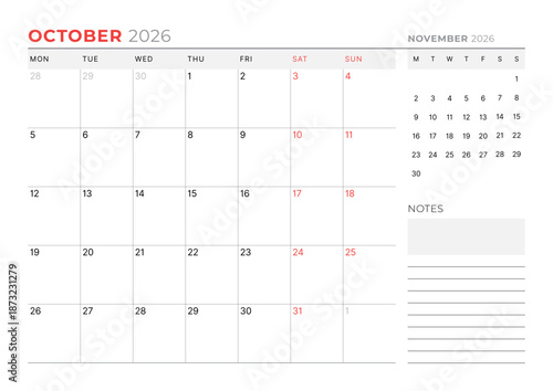 October 2026 Monthly Calendar Template for Planning and Organization features minimalist structure for effective scheduling. Week starts on Sunday. Perfect for freelancers and teams