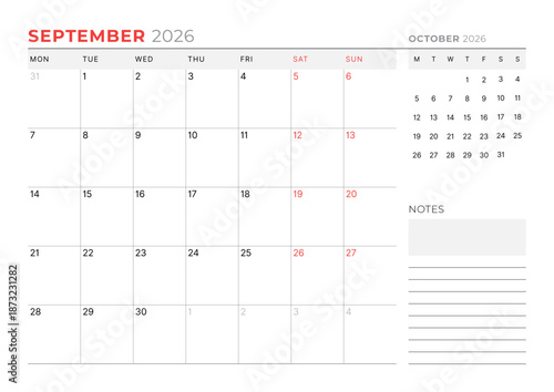 September 2026 Monthly Calendar Template for Planning and Organization improves focus and weekly task tracking with open design. Week starts on Sunday. Works well in corporate teams