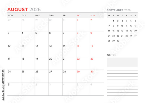 August 2026 Monthly Calendar Template for Planning and Organization supports clear organization of appointments with simple structure. Week starts on Sunday. Suitable for hybrid teams