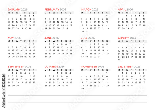 Annual calendar template for 2026. Vector illustration of a yearly planner and organizer. Minimalist design for business schedule, wall stationery, and personal diary. Simple and clean layout