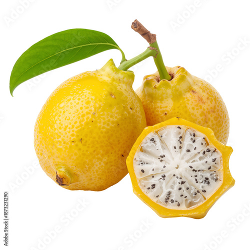 Fresh Yellow Fruit Cut in Half Showing White Interior With Seeds