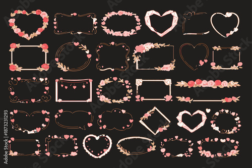 Mega bundle of decorative heart frames, floral wreaths, and romantic borders for Valentine's Day, wedding invitations, and greeting card designs on black background