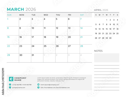 March 2026 Monthly Calendar Template for Planning and Organization streamlines personal and office task scheduling with blank structured fields. Week starts on Sunday. vector illustration