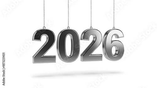 Shiny metallic 2026 numbers hanging on chains, isolated on white background