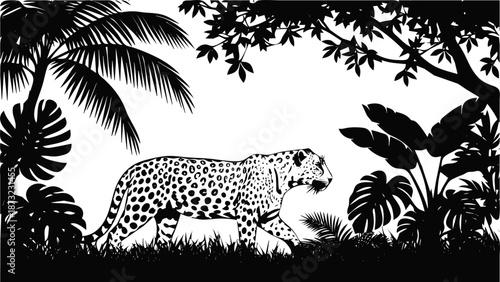 wild jaguar animal on forest silhouettes 