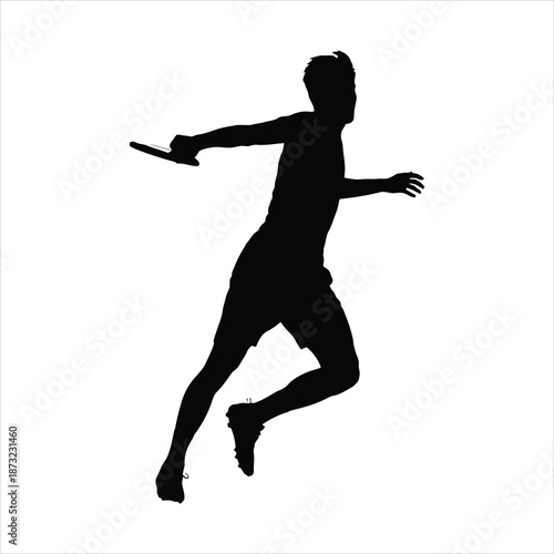Ultimate frisbee player catching disc behind the back with one hand in dynamic black and white silhouette style
