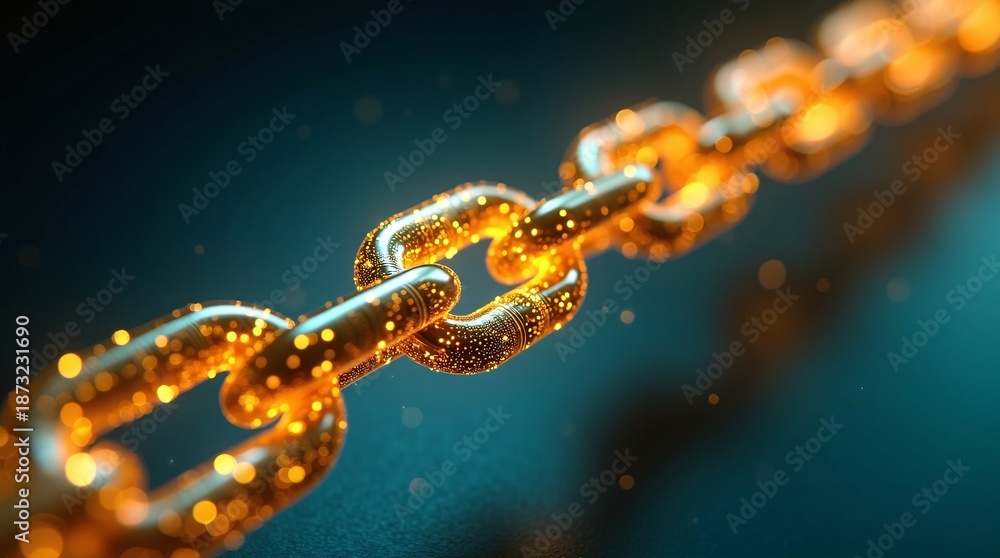 Fototapeta premium A shimmering, golden chain glows with tiny, bright lights, set against a dark teal background. 