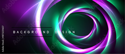 Abstract swirls, vibrant purple, green hues dominate. Central black space with background design text. Smooth gradients create dynamic visual effect.