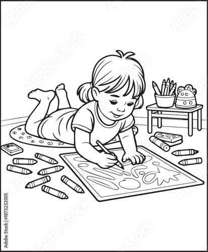 Girl moments coloring page for kids and adults cozy cute girl scenes printable daily activity book design for relaxing