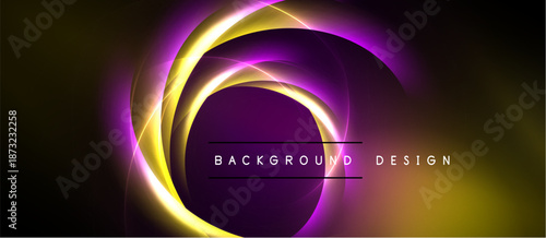 Abstract glowing lines create circular shapes. Gold, purple, pink hues dominate dark background. Text reads background design.