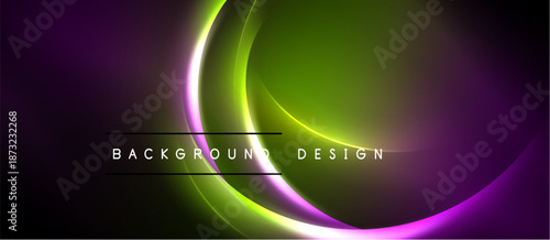 Abstract neon lines create vibrant curves. Purple, green hues dominate dark background. Modern design element for digital projects.