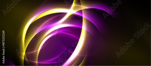 Abstract design features vibrant purple, yellow curves. Light radiates from central point, creating dynamic visual effect. Dark background enhances luminosity.