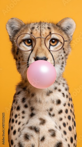 a cheetah wearing glasses, blowing bubble gum, against a solid orange background. studio photography, close-up portrait, minimalist style. the expression is funny, cute, and cool