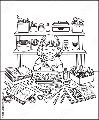 Girl moments coloring page for kids and adults cozy cute girl scenes printable daily activity book design for relaxing