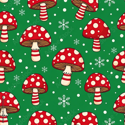 Festive Red and White Polka Dot Mushrooms Pattern on Green Background for Holiday Decorations